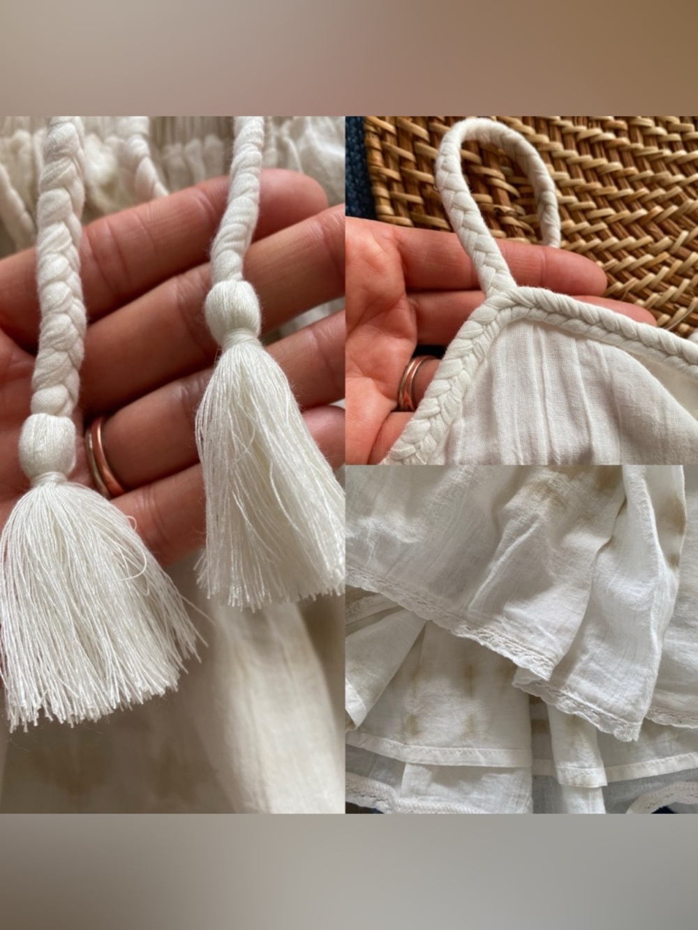 AERIE Off-White Cotton Maxi Dress with Beige Tie-Dye, Rope & Tassel Detail! 🐚 - Picture 15 of 17